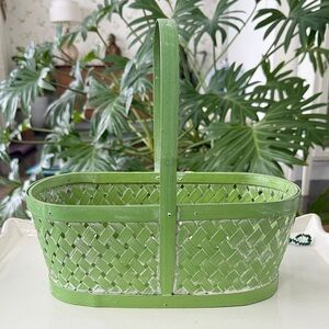 Vintage Burton & Burton Handpainted Green Oval Woven Basket with Handle
